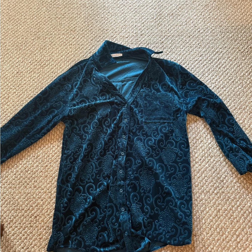 12th Tribe Teal Velvet Patterned Shirt